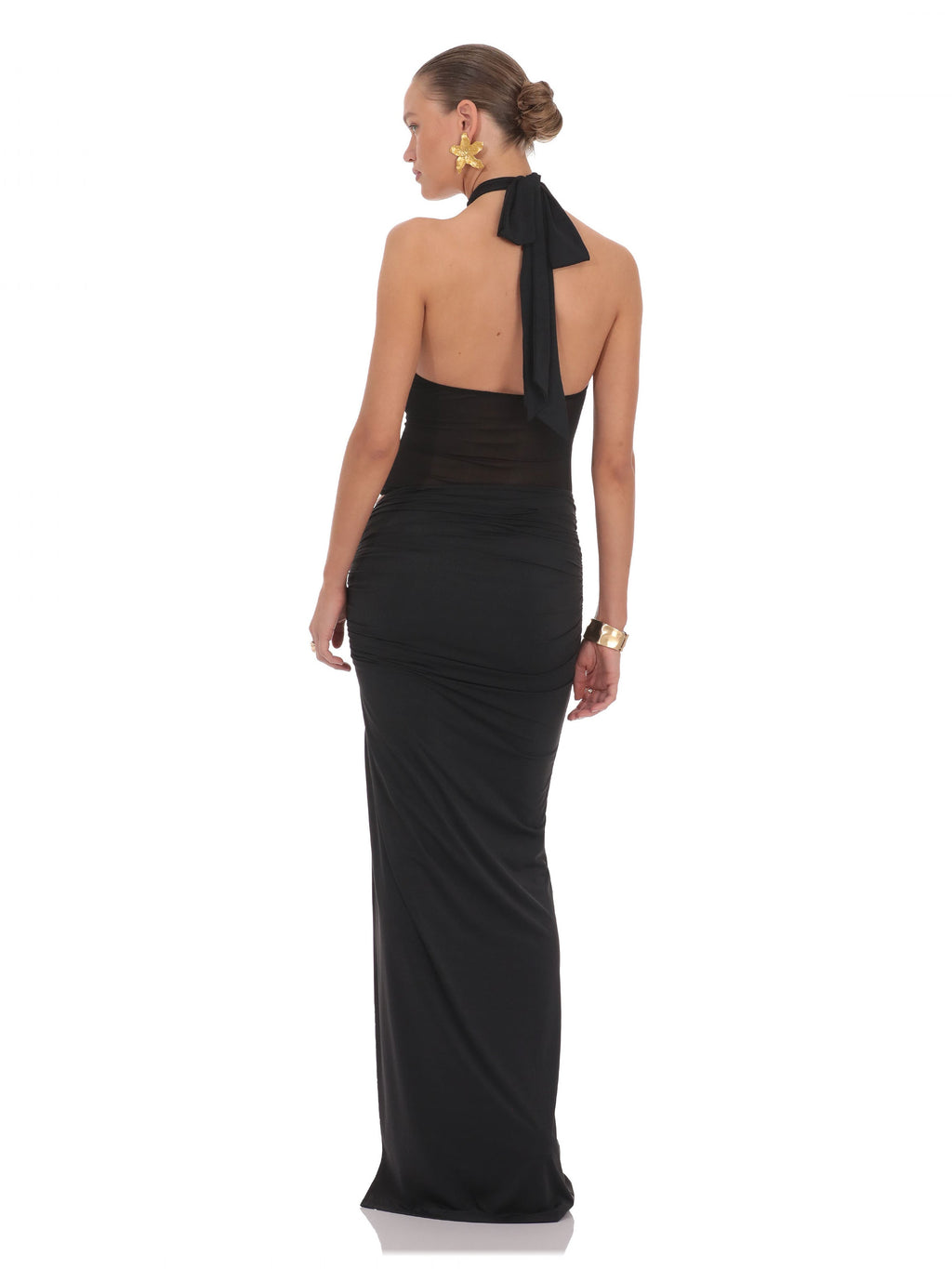 Black bridesmaid dress with structured woven fabric construction and maxi hem