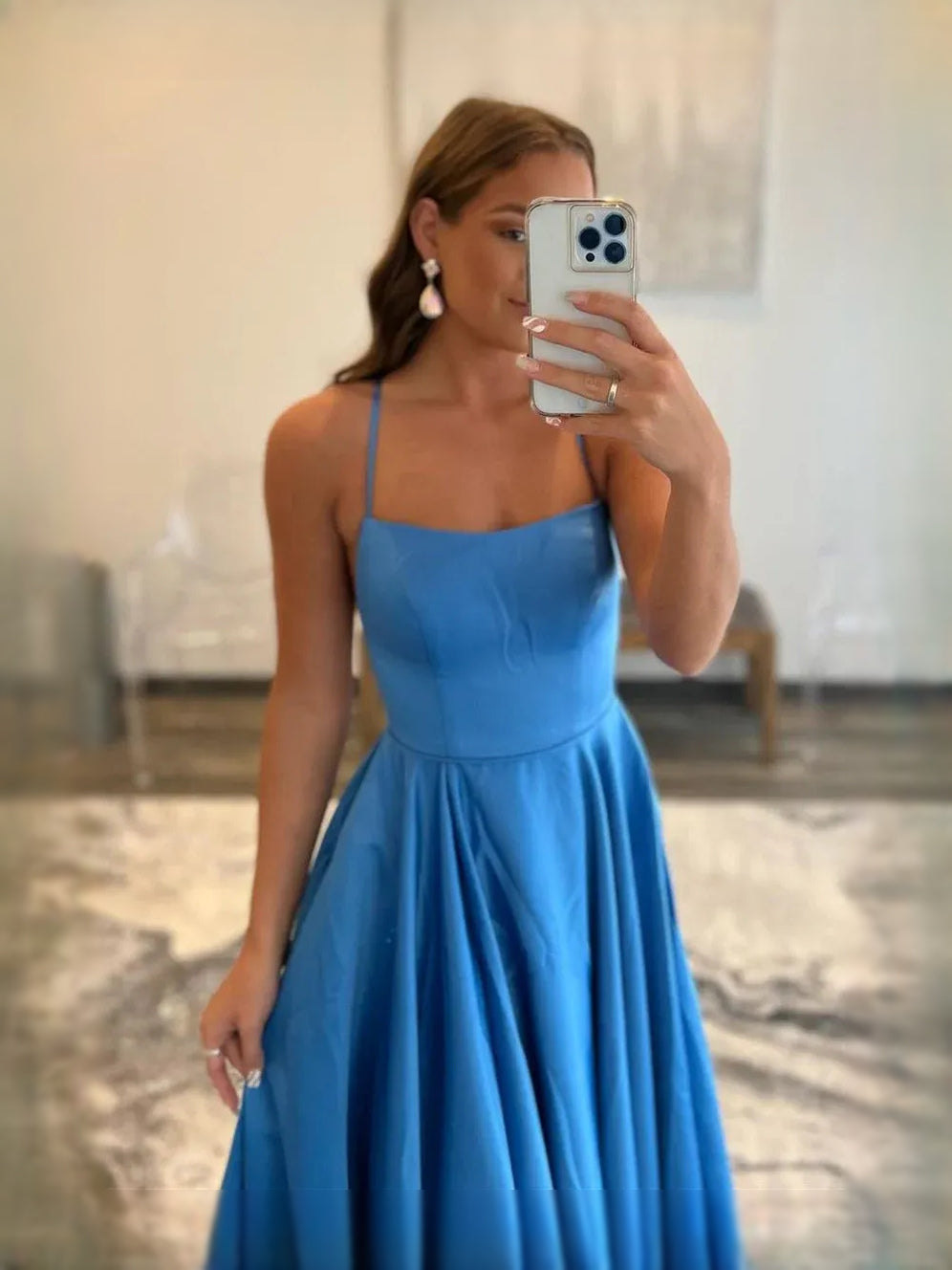 Sky Blue maxi prom dress, back view showing the rear of the dress from another angle