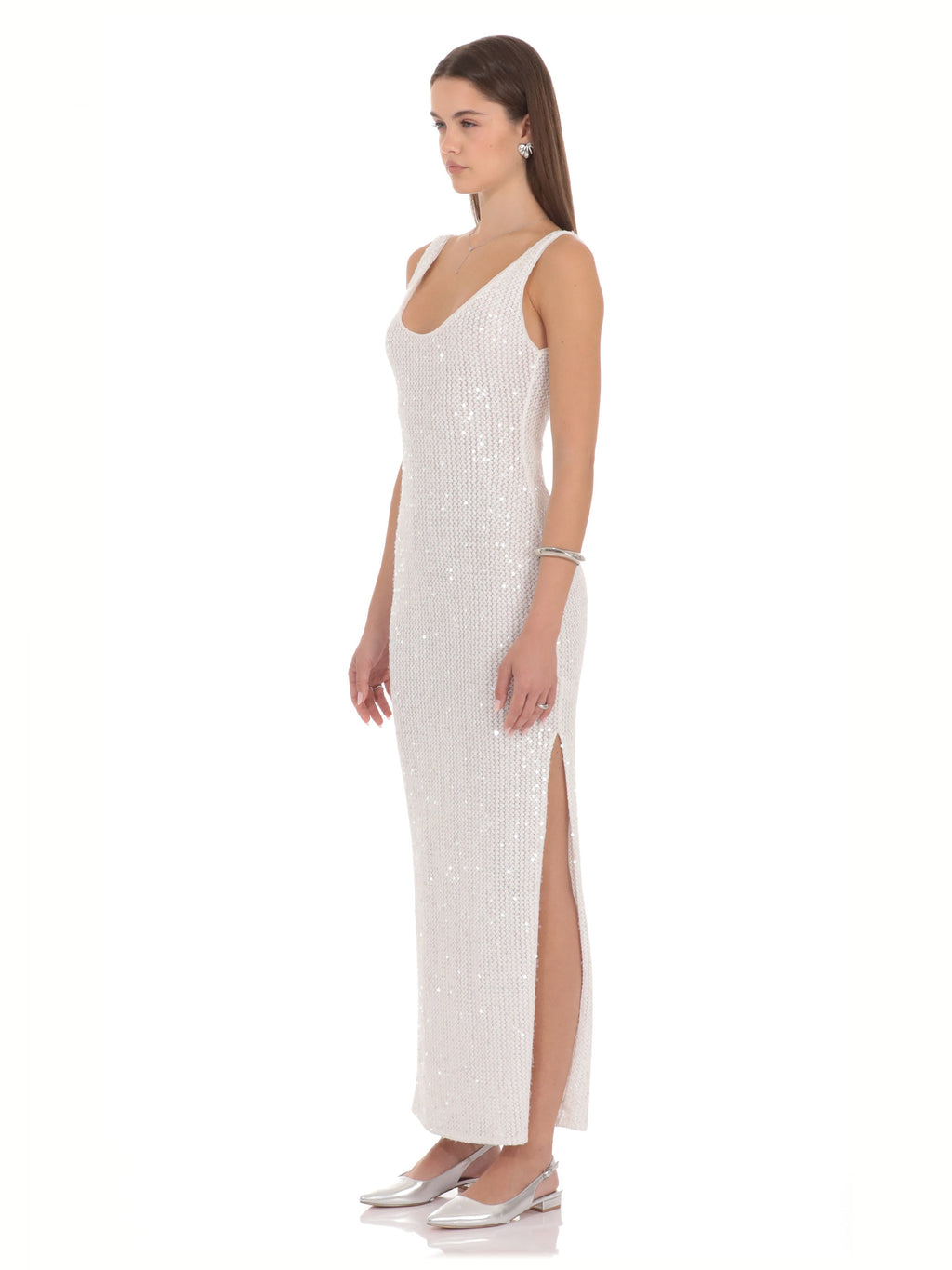 White bridesmaid dress with mesh construction and maxi hem