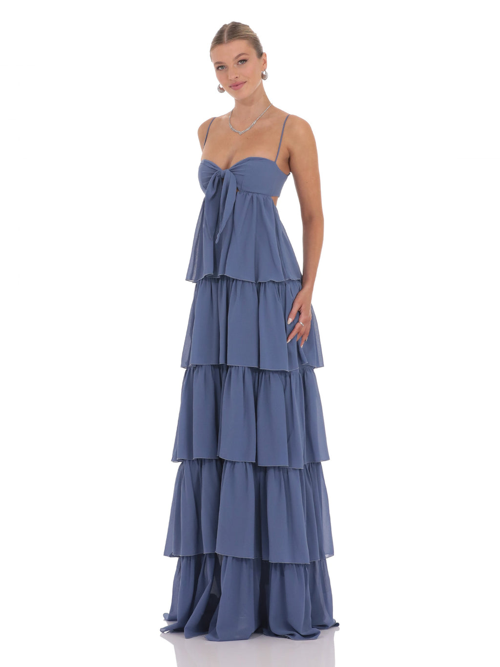 Denim Blue bridesmaid dress with chiffon construction and maxi hem