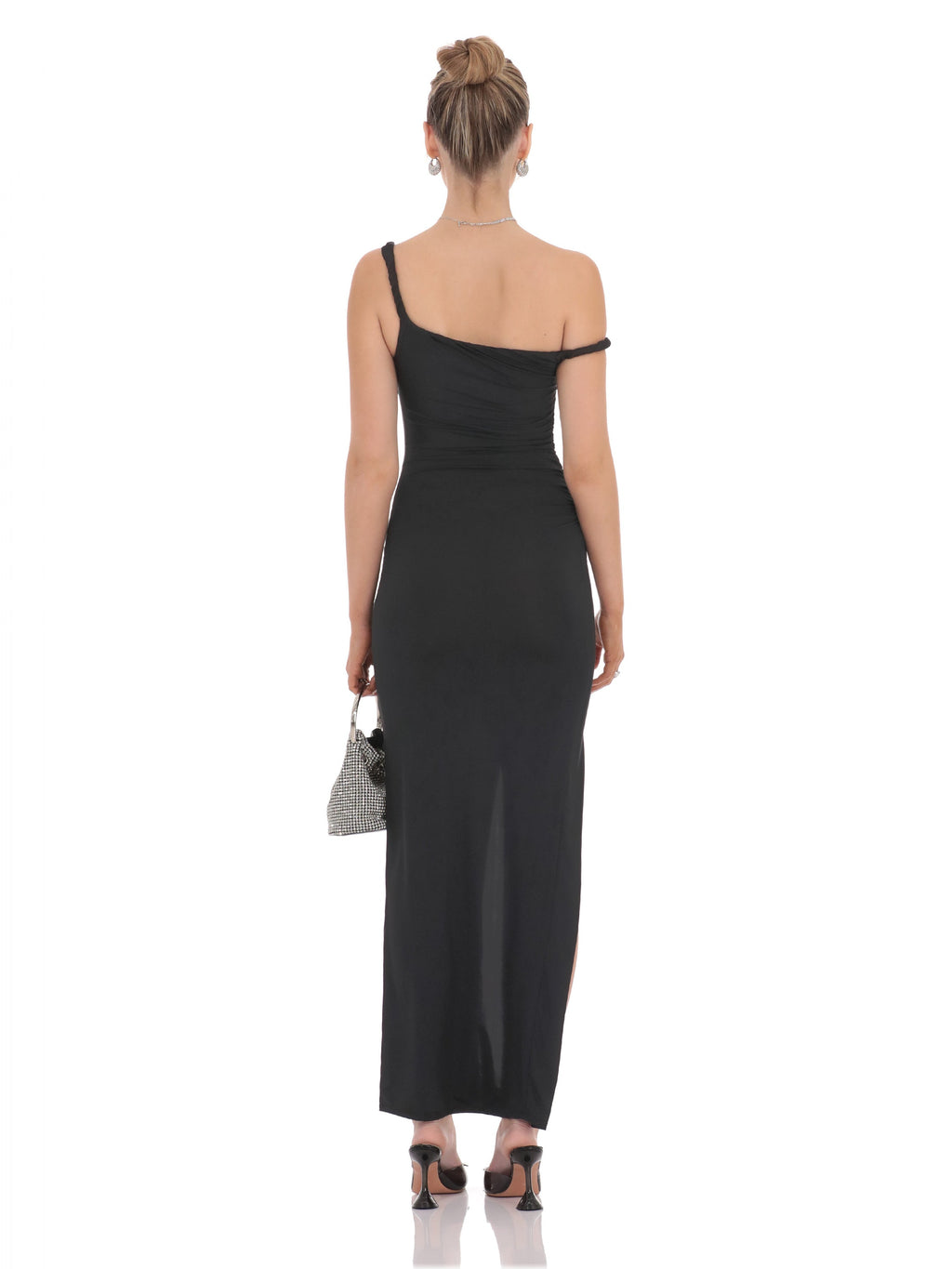 Black bridesmaid dress with structured woven fabric construction and maxi hem