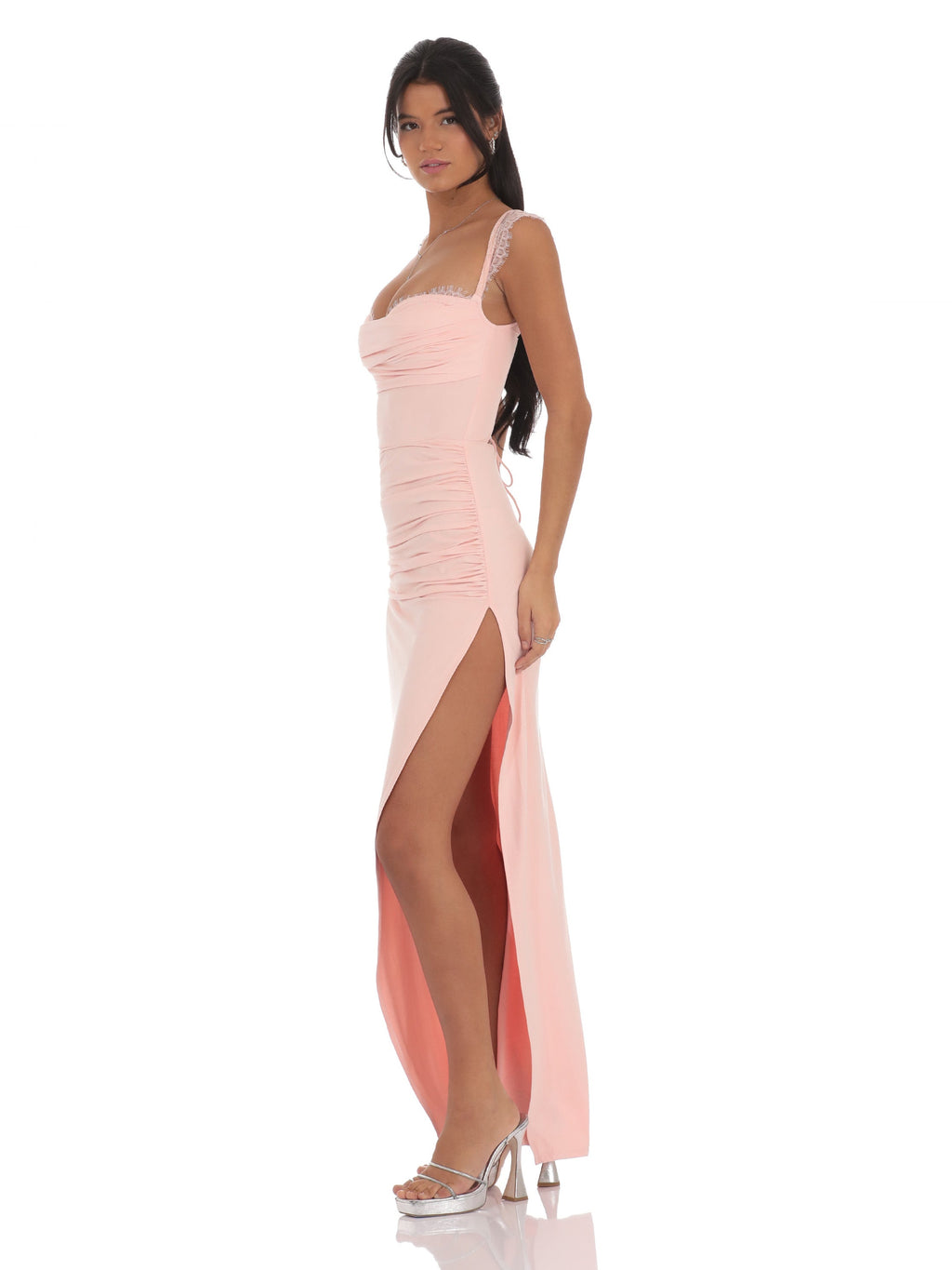 Pink bridesmaid dress with mesh construction and maxi hem