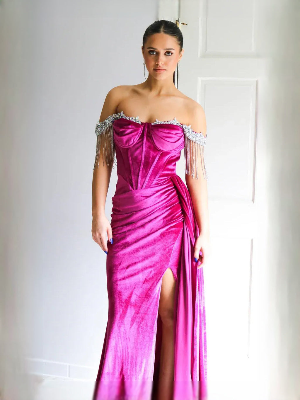 Magenta maxi prom dress, alternate view showing the dress shape and hem