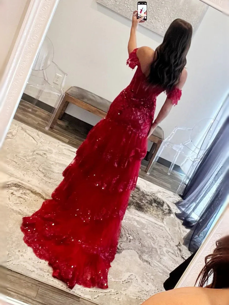 Red floor-length prom dress, alternate view showing the dress shape and hem