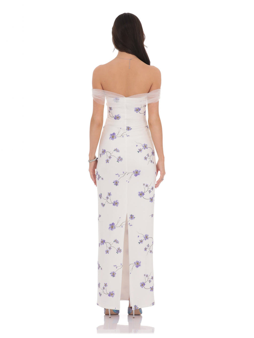 White bridesmaid dress with mesh construction and maxi hem