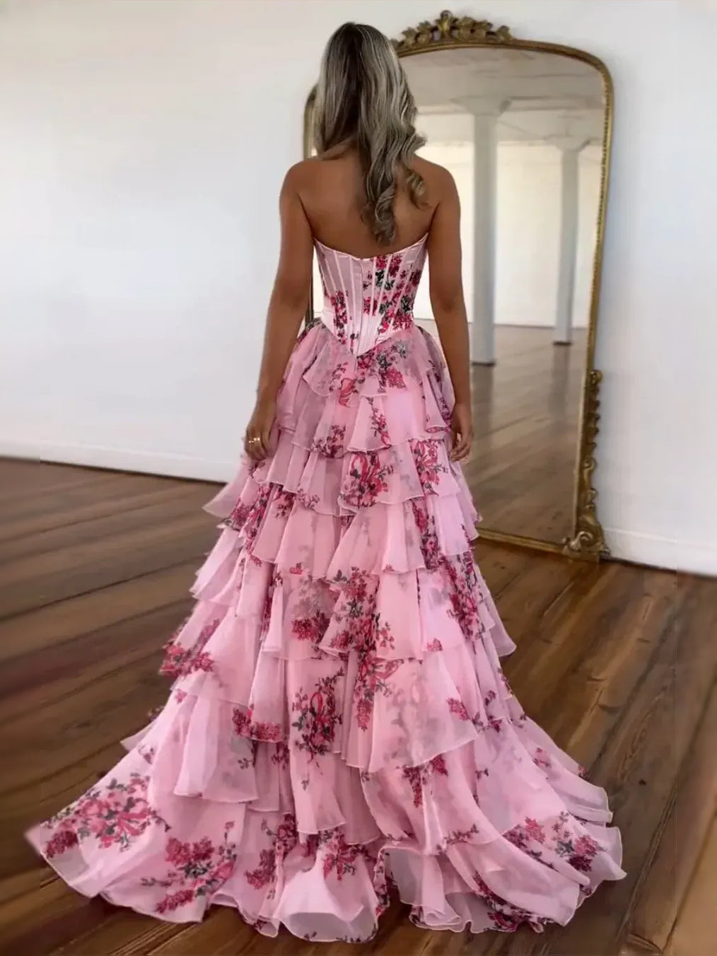 Hot Pink floor-length prom dress, alternate view showing the dress shape and hem