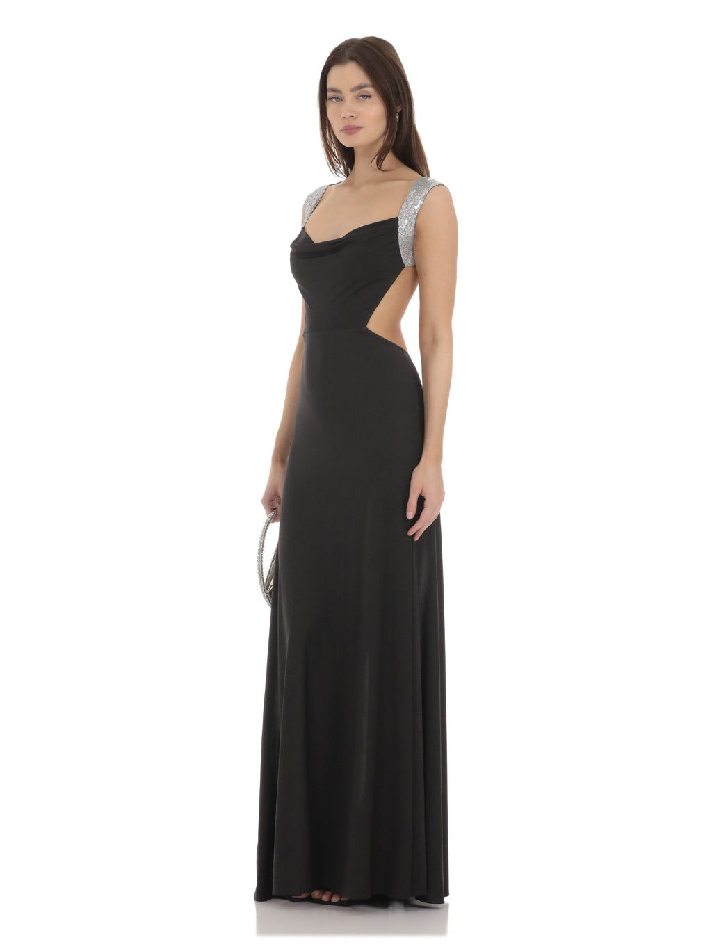 Black bridesmaid dress with mesh construction and maxi hem