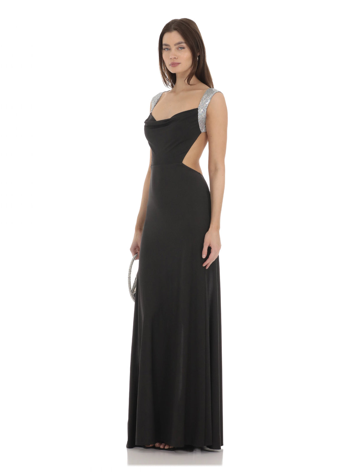 Black bridesmaid dress with mesh construction and maxi hem
