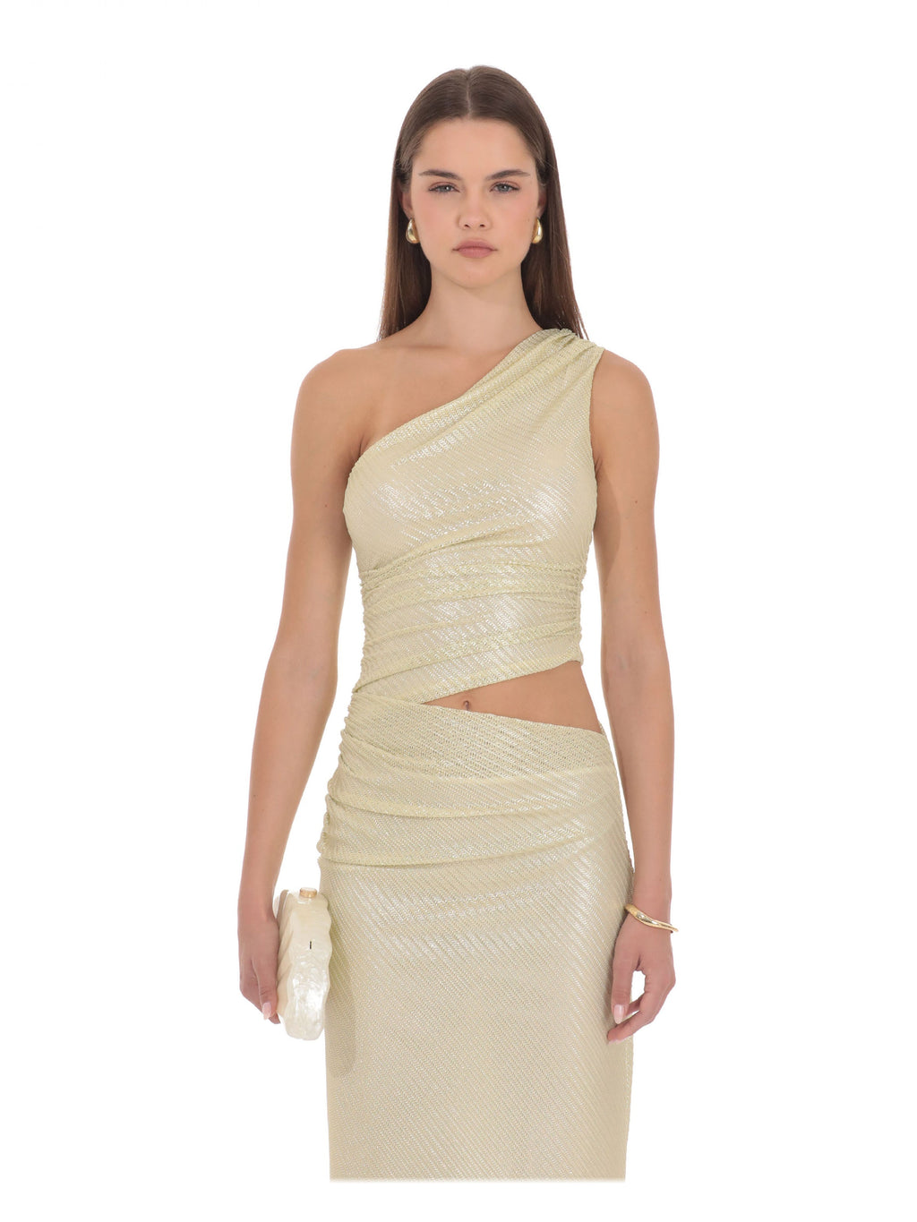 Gold bridesmaid dress with structured woven fabric construction and maxi hem
