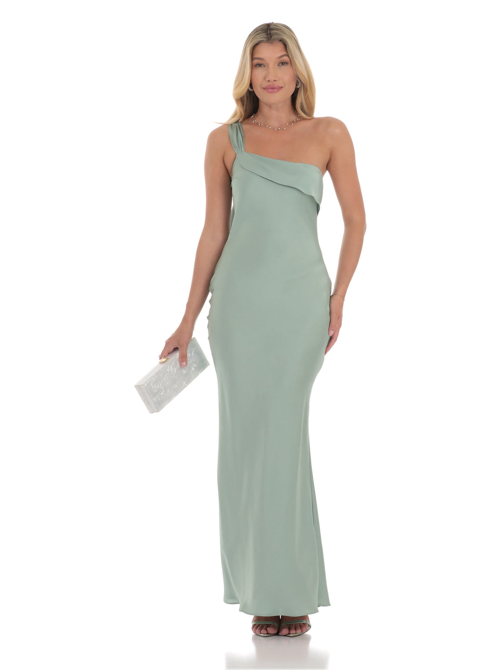 Sage bridesmaid dress with satin construction and maxi hem