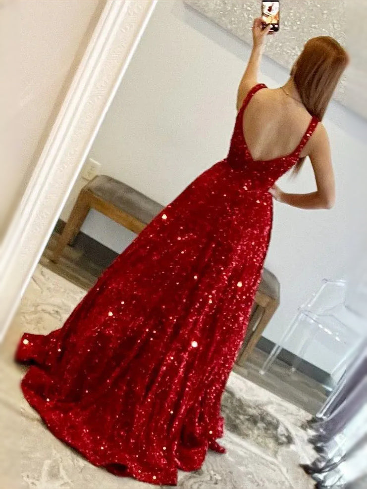Red maxi prom dress, back view showing the rear of the dress from another angle