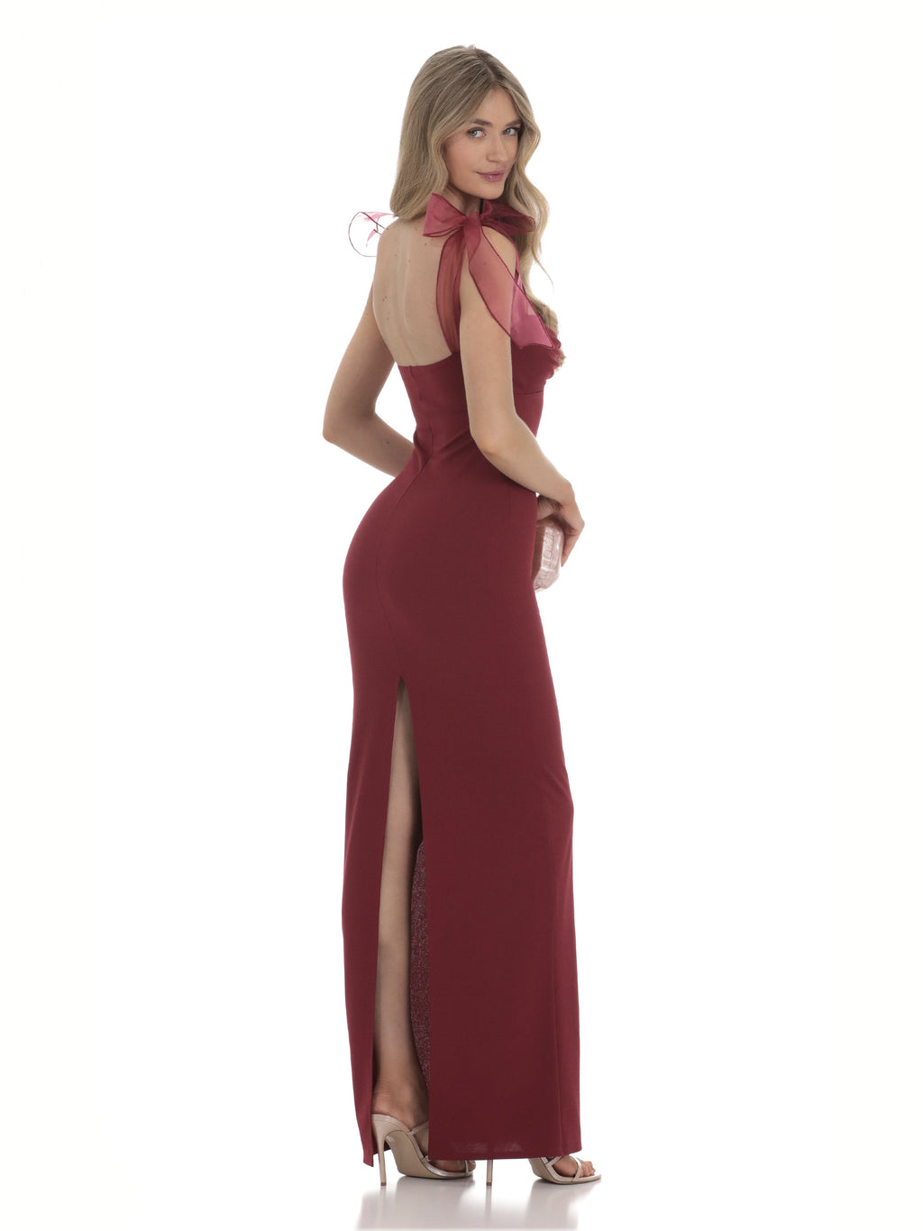 Maroon bridesmaid dress with structured woven fabric construction and maxi hem