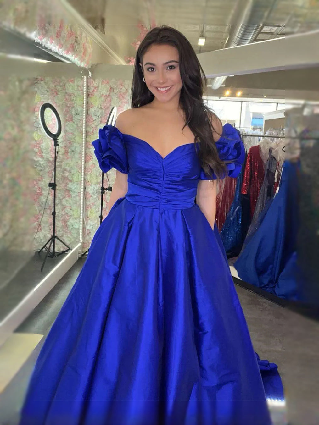 Royal Blue maxi prom dress, back view showing the rear of the dress from another angle
