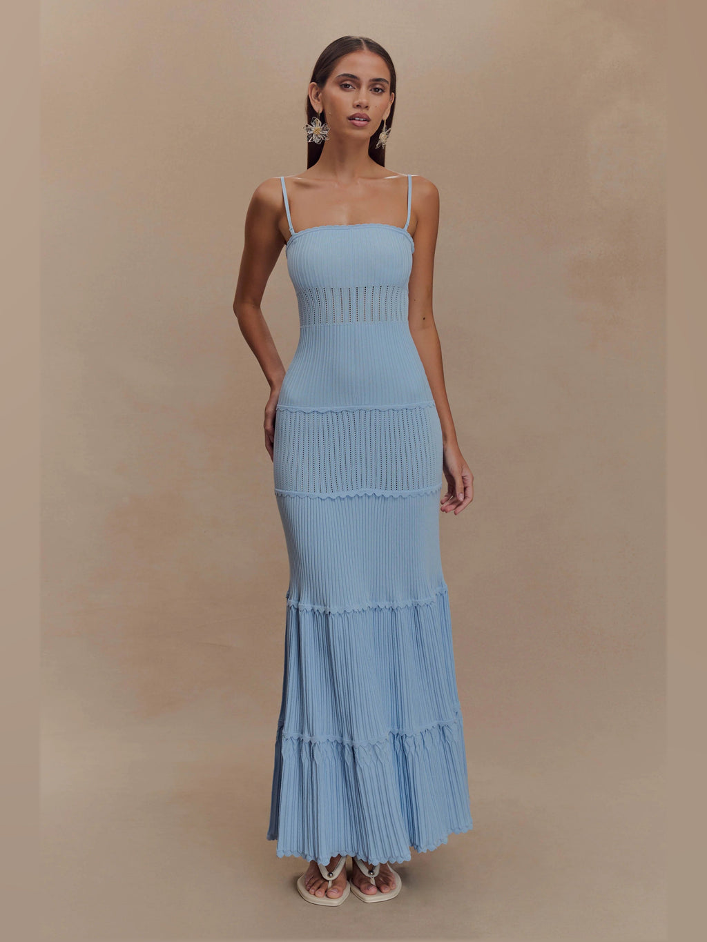 Cornflower Blue formal dress with structured woven fabric construction and maxi hem
