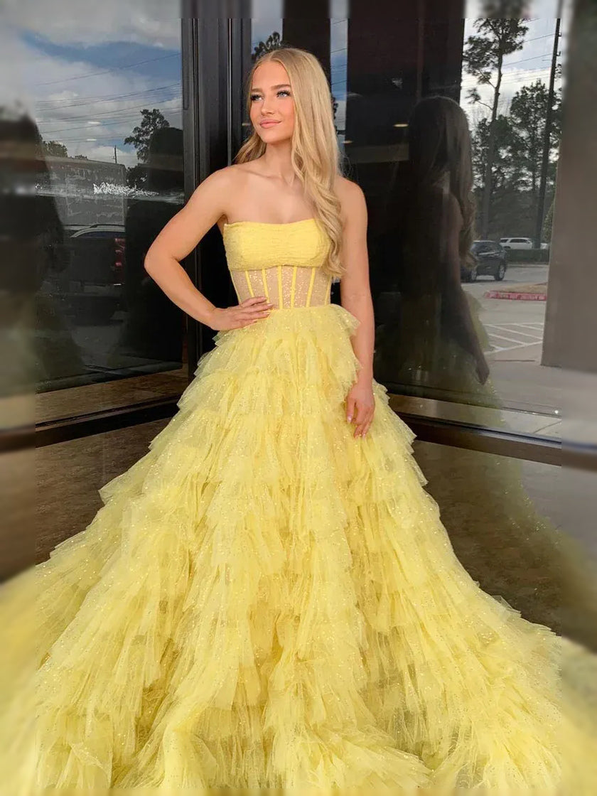 Yellow floor-length prom dress, alternate view showing the dress shape and hem