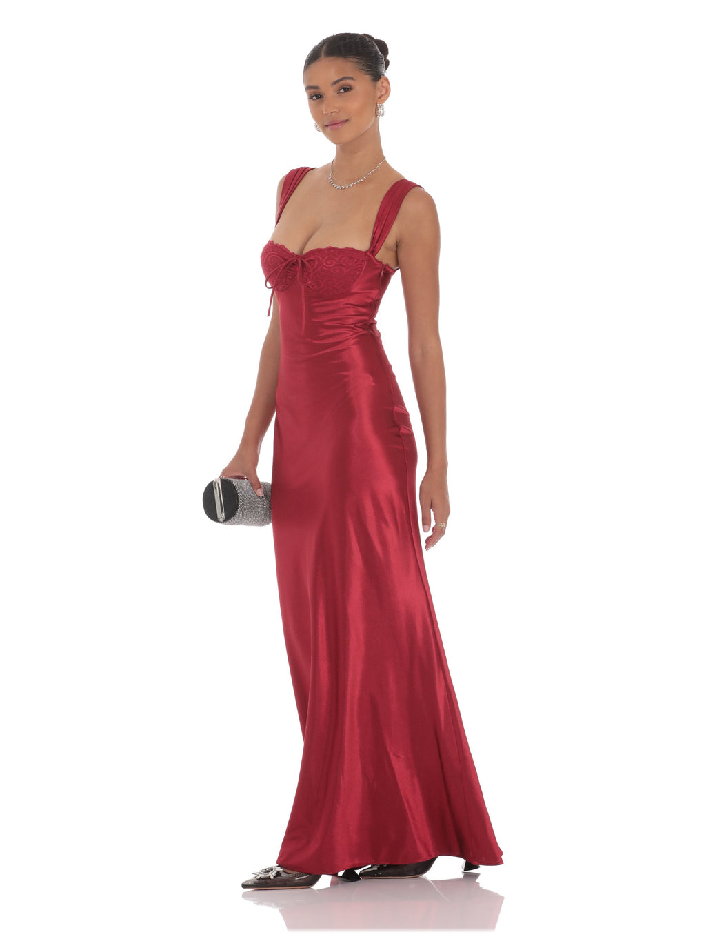 Red bridesmaid dress with mesh construction and maxi hem