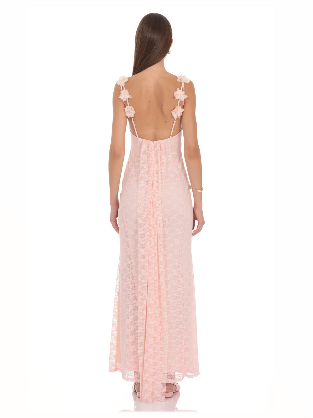 Blush Pink bridesmaid dress with mesh construction and maxi hem