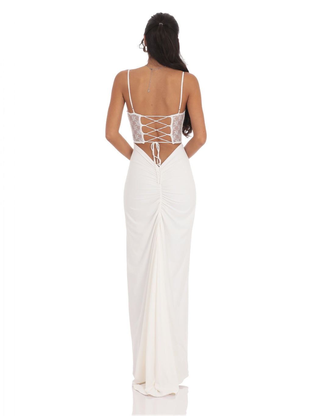 White bridesmaid dress with mesh construction and maxi hem