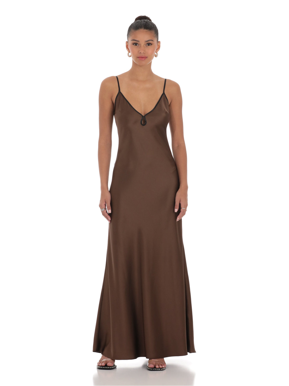 Brown bridesmaid dress with satin construction and maxi hem