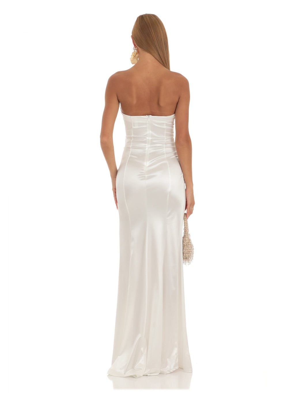 White bridesmaid dress with satin construction and maxi hem