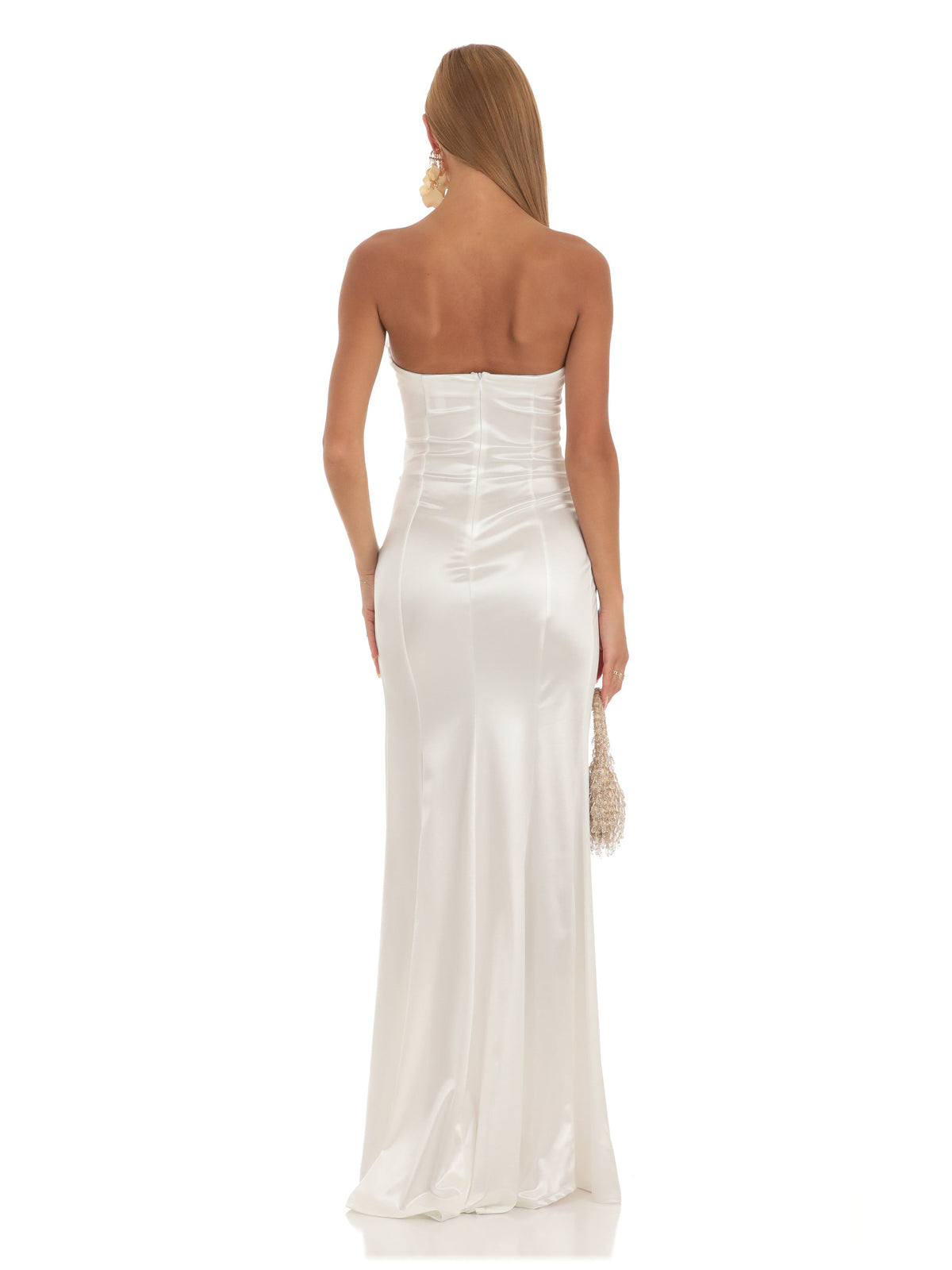 White bridesmaid dress with satin construction and maxi hem