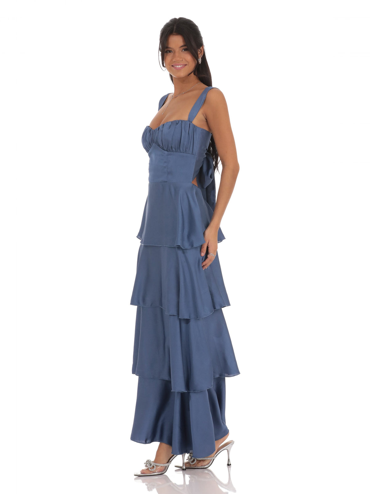 Slate Blue bridesmaid dress with satin construction and maxi hem