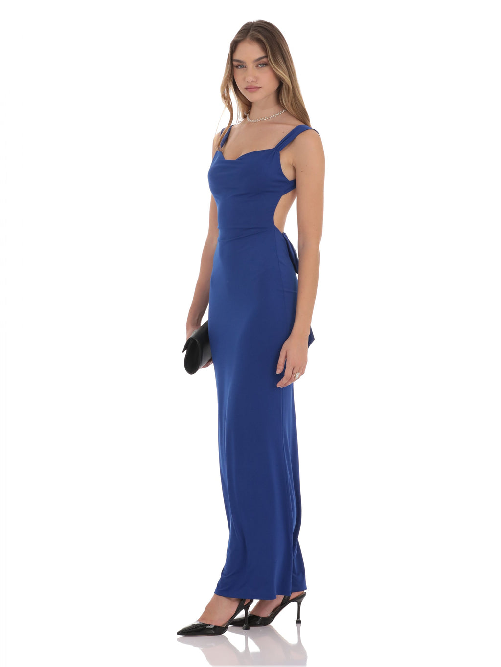 Blue bridesmaid dress with structured woven fabric construction and maxi hem