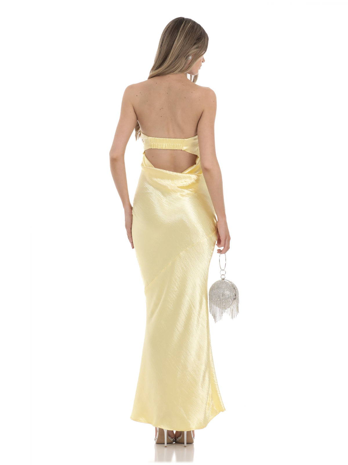Yellow bridesmaid dress with satin construction and maxi hem