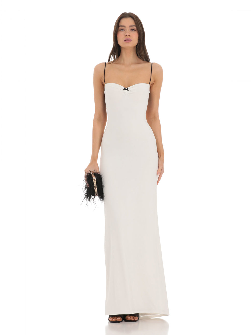 White bridesmaid dress with structured woven fabric construction and maxi hem