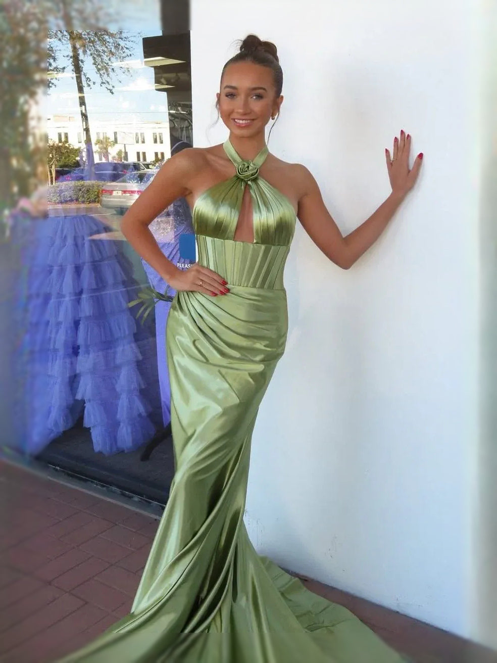 Sage Green maxi prom dress, back view showing the rear of the dress from another angle