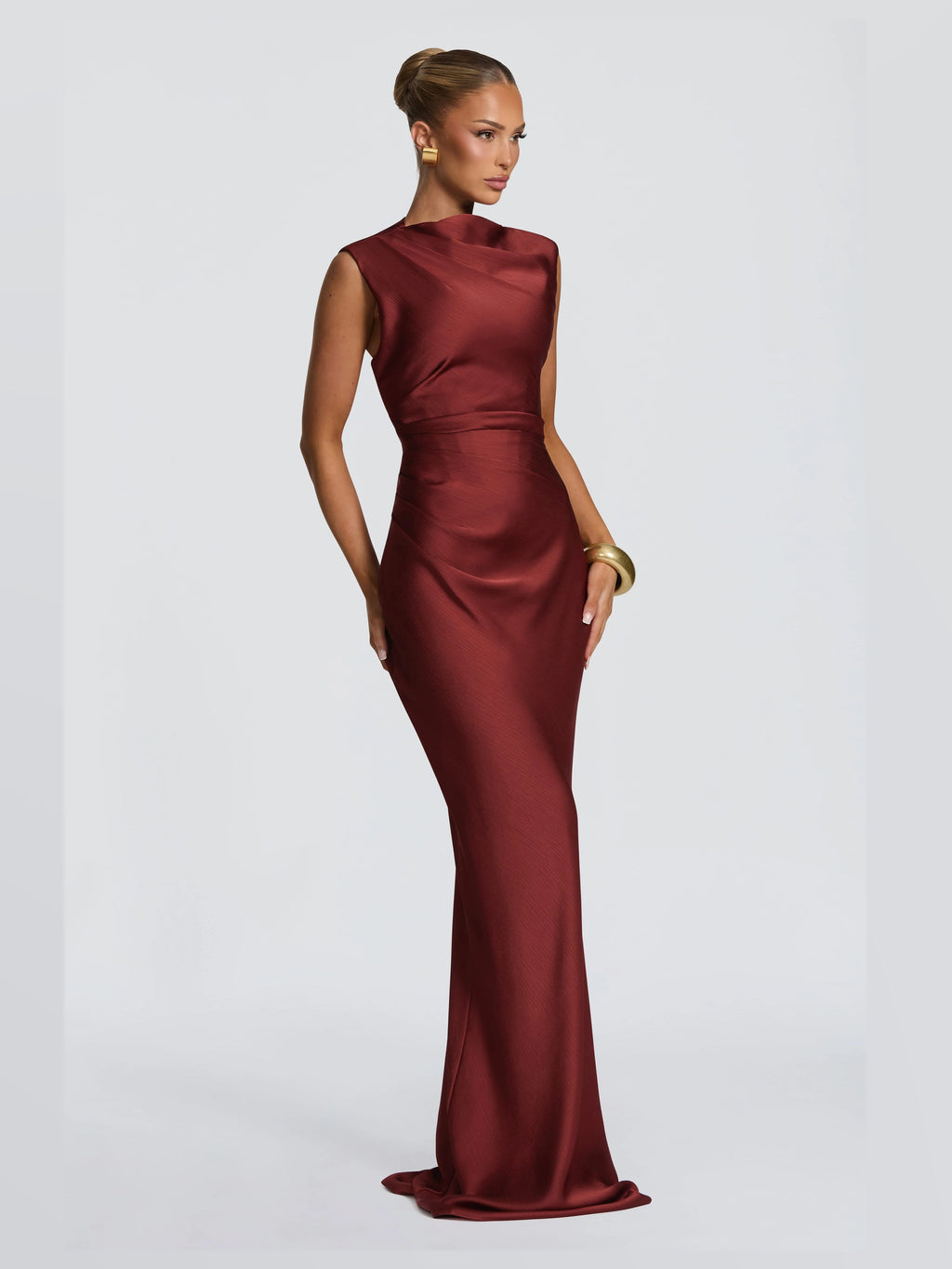 Deep Rust formal dress with structured woven fabric construction and maxi hem