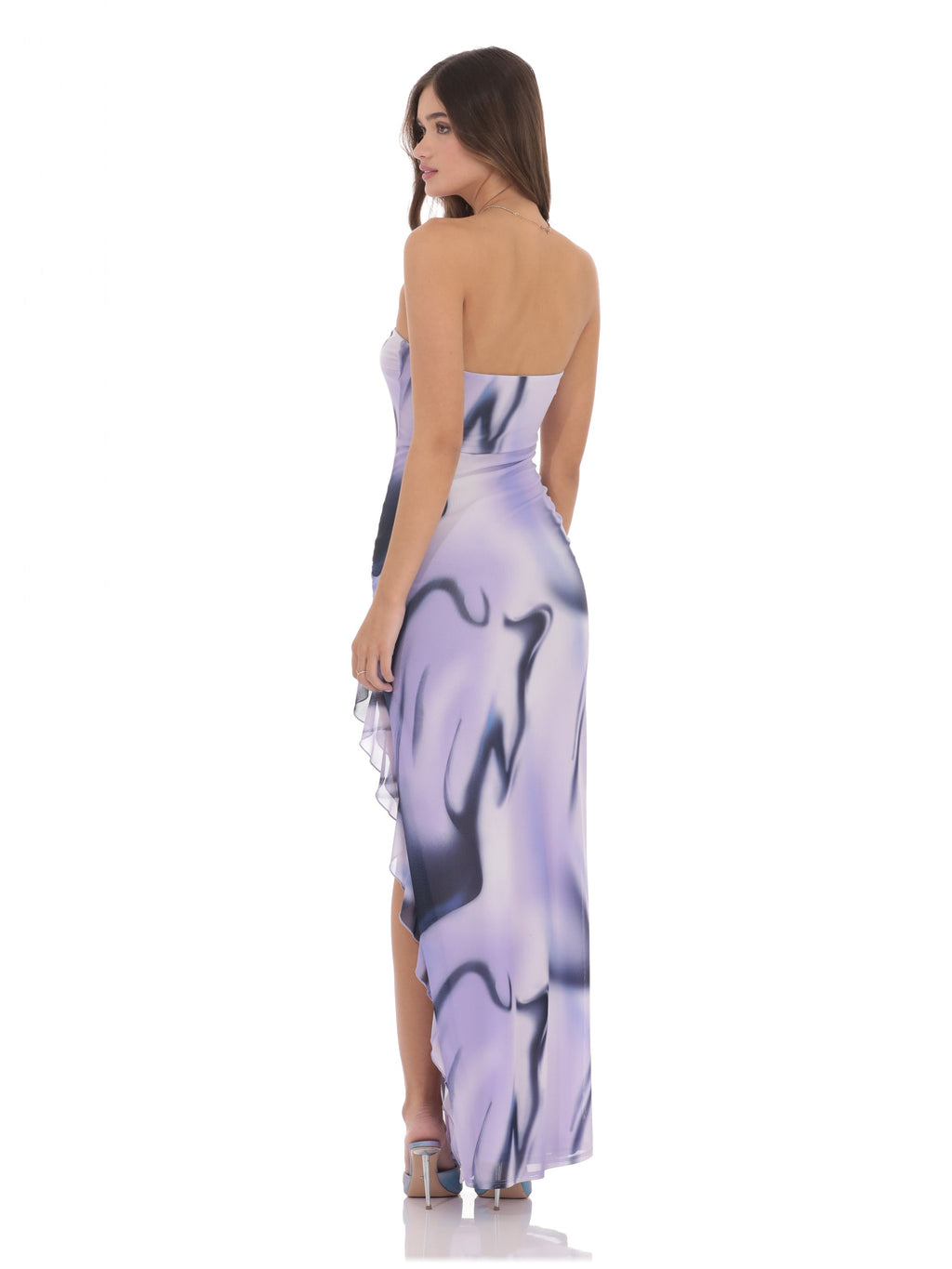 Purple bridesmaid dress with mesh construction and maxi hem