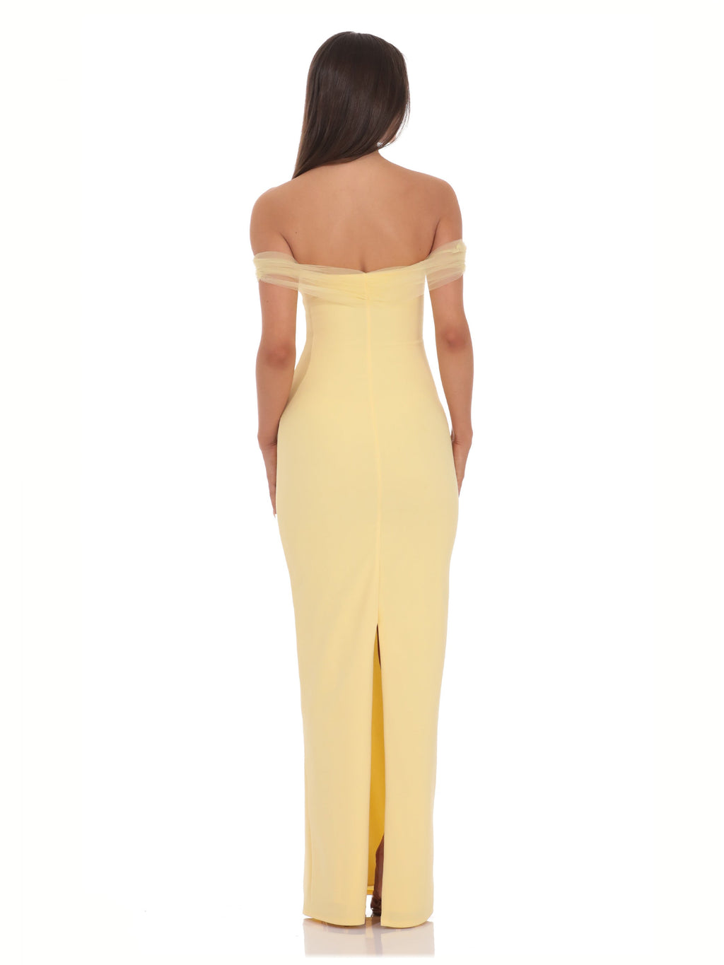 Yellow bridesmaid dress with mesh construction and maxi hem