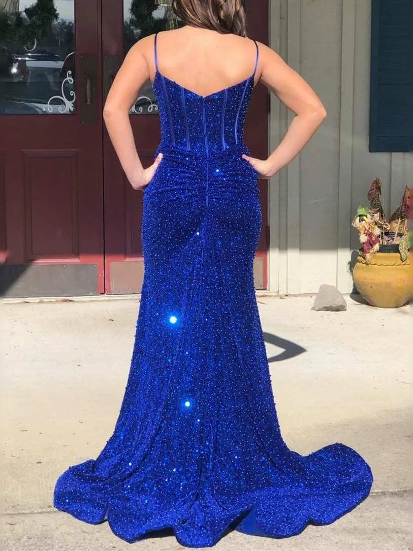Royal Blue maxi prom dress, back view showing the rear of the dress from another angle