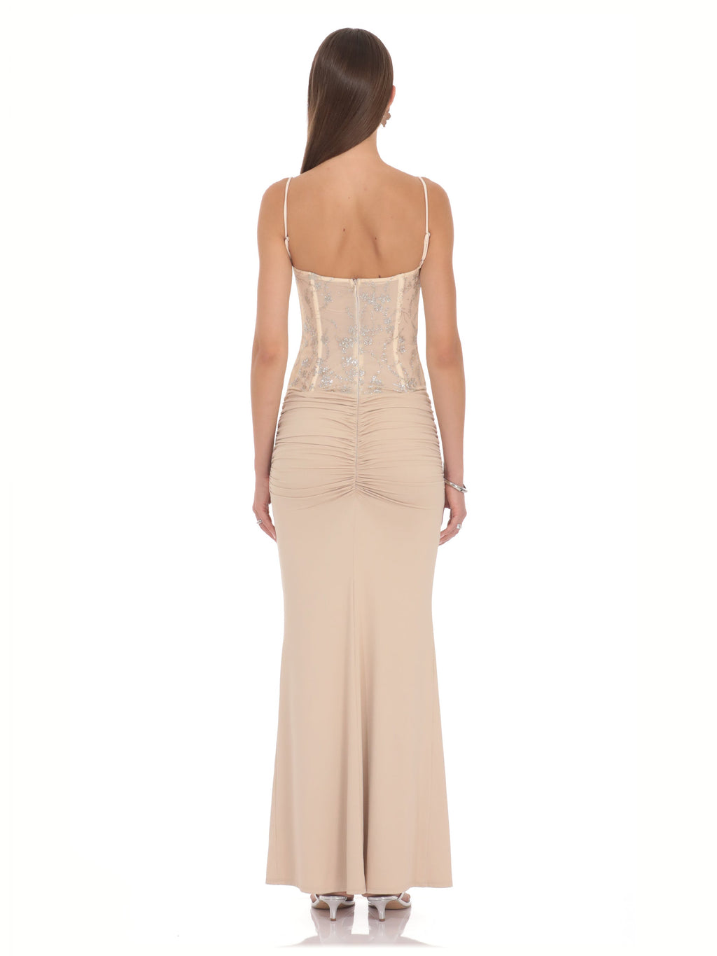 Champagne bridesmaid dress with structured woven fabric construction and maxi hem