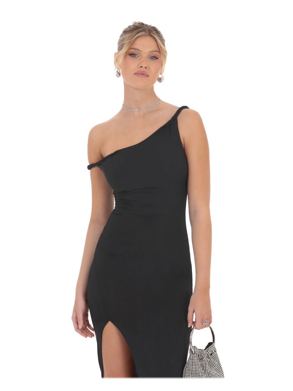 Black bridesmaid dress with a-line detailing
