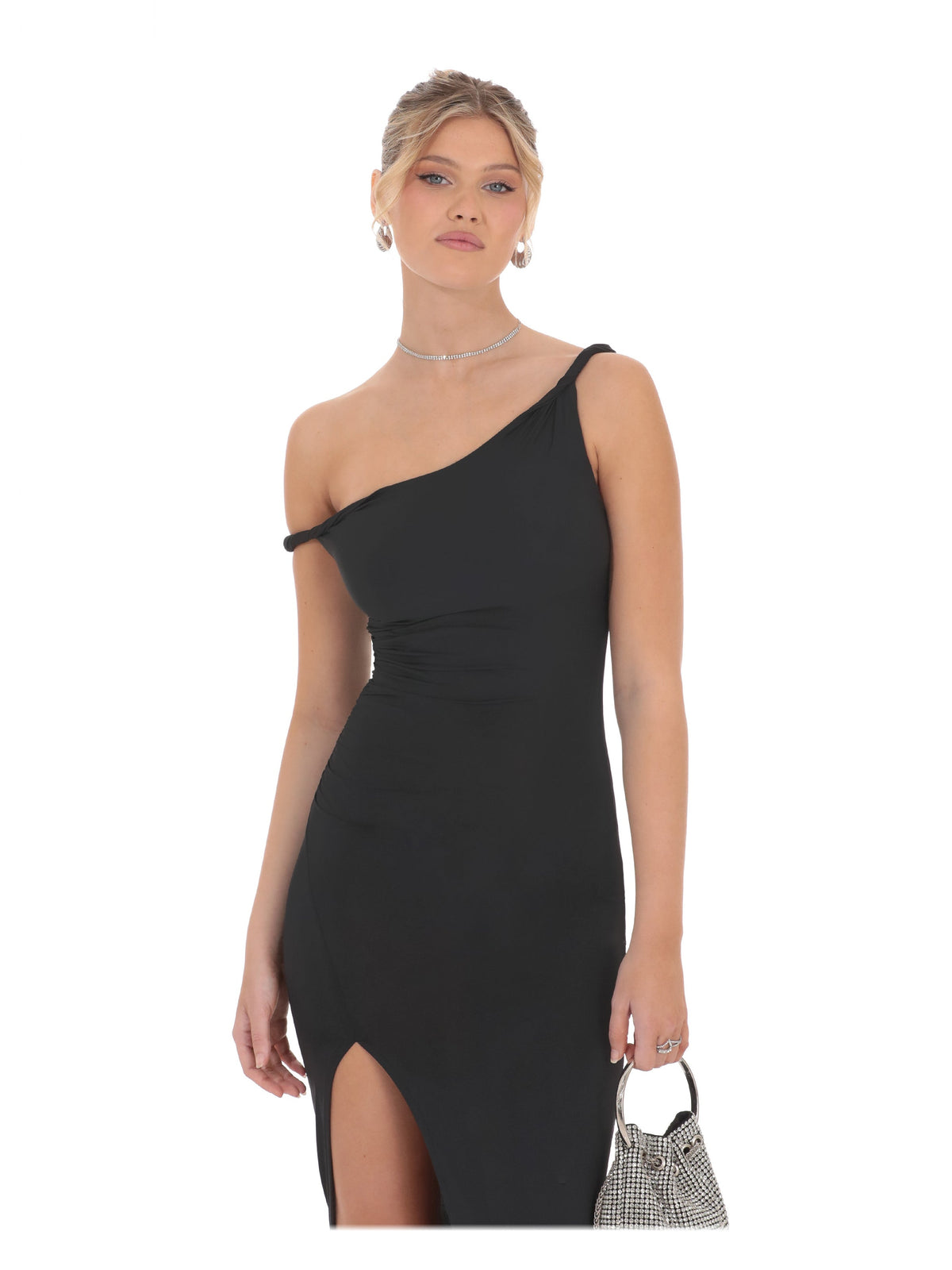 Black bridesmaid dress with a-line detailing