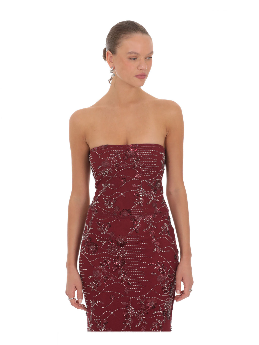 Burgundy bridesmaid dress with a-line detailing