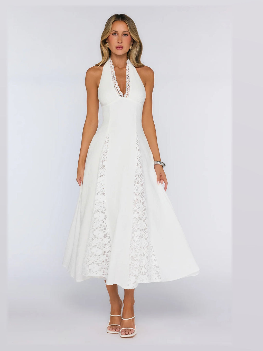 White formal dress with embroidered detailing