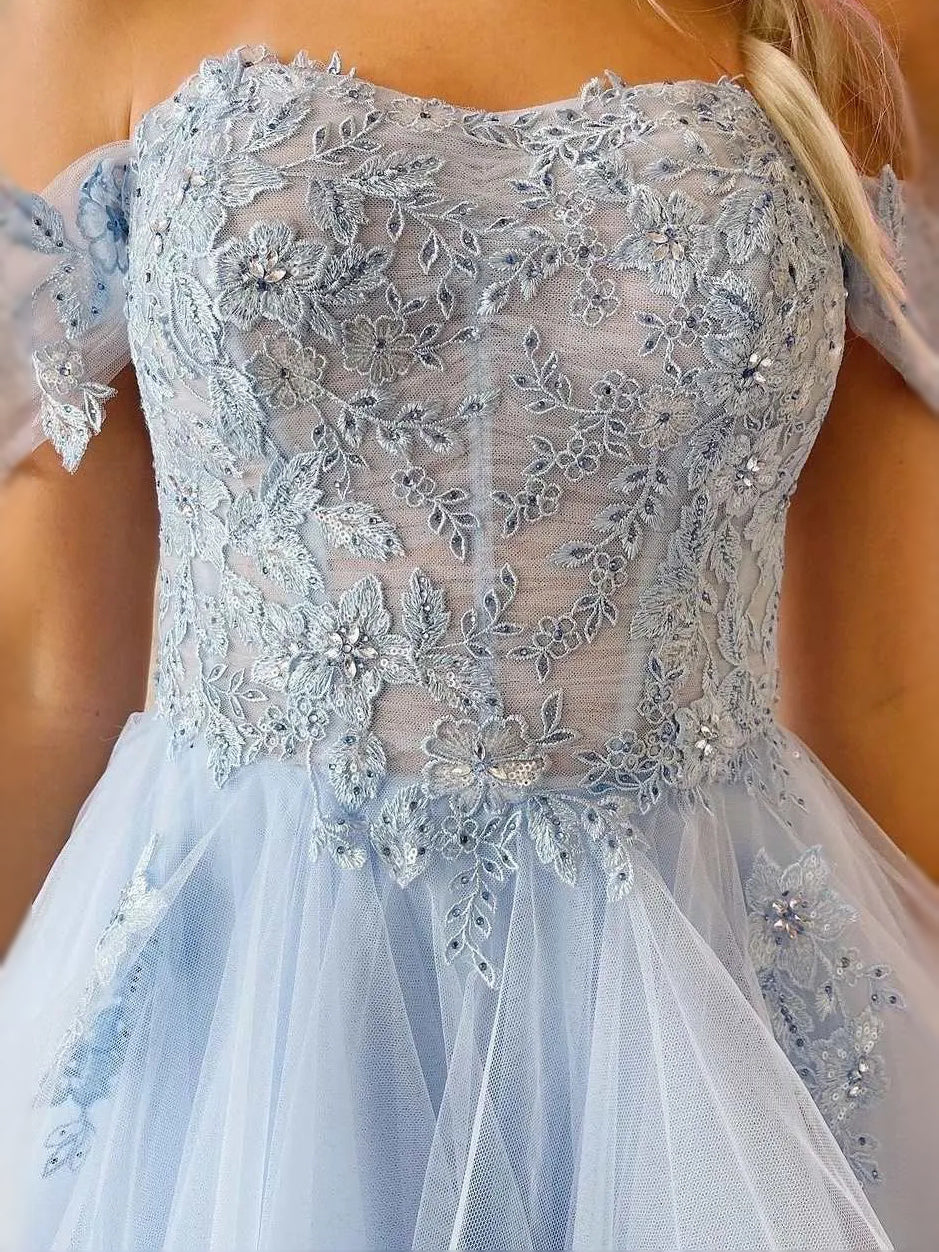 Sky Blue maxi prom dress, back view showing the rear of the dress in an additional pose