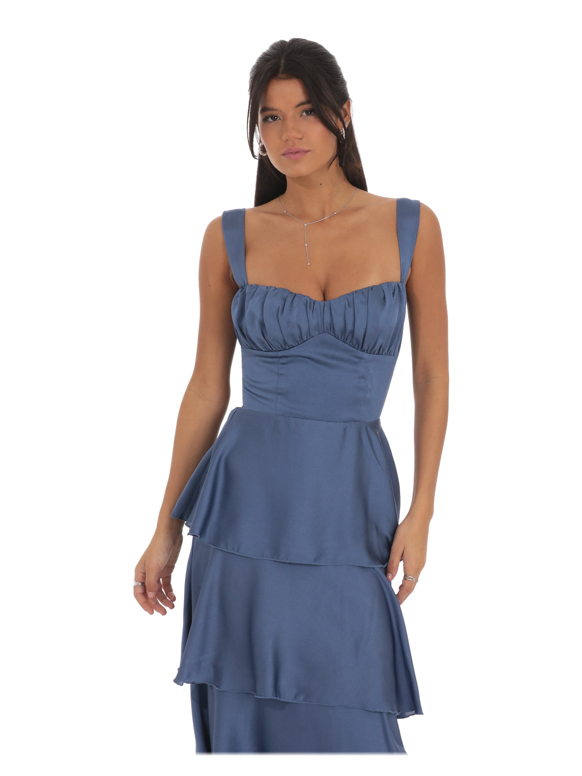 Slate Blue bridesmaid dress with ruffled detailing