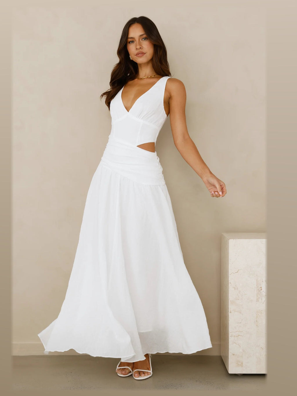 White formal dress with a-line detailing