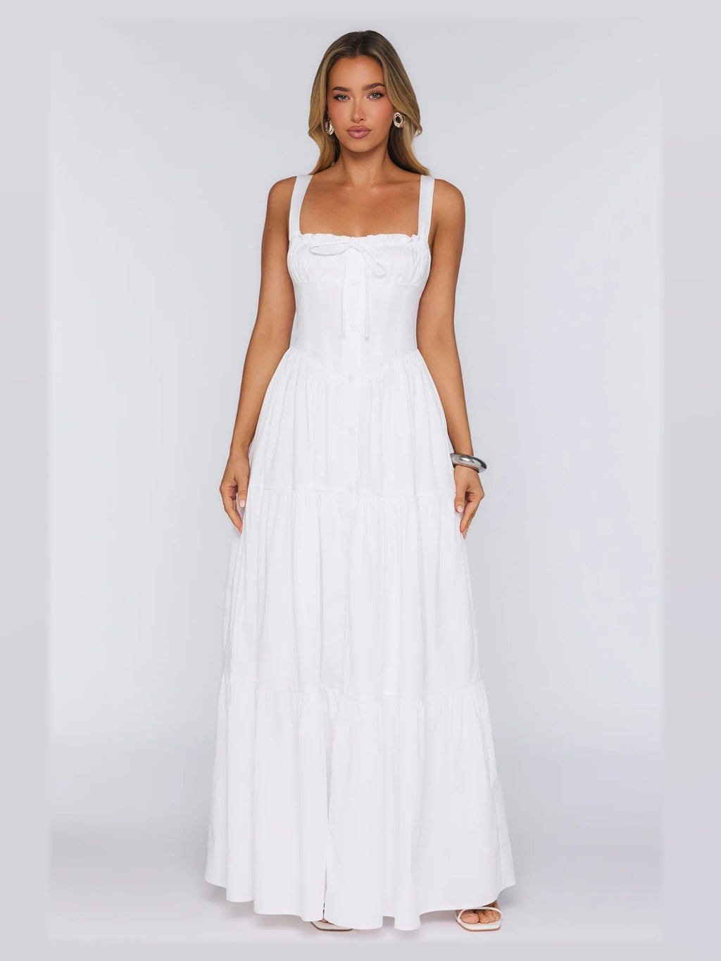 White formal dress with a-line detailing
