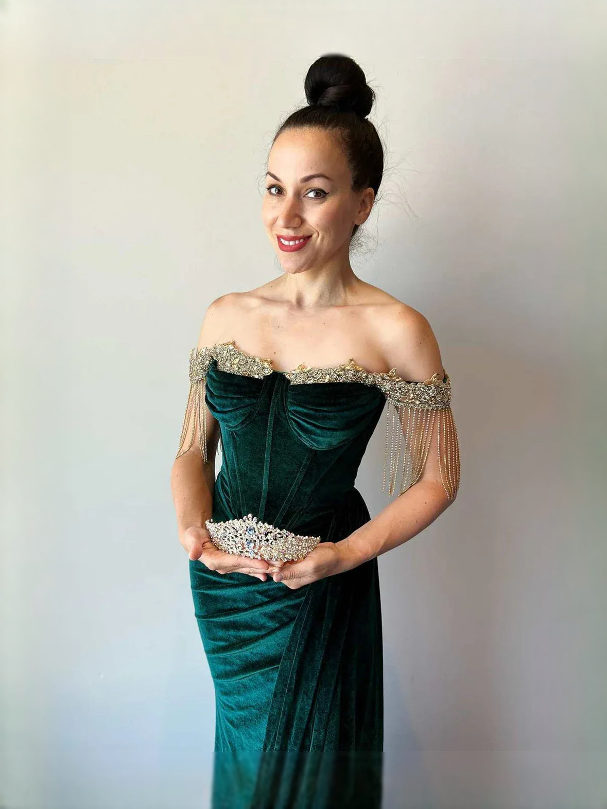 Emerald Green maxi prom dress, alternate view showing the skirt and hem