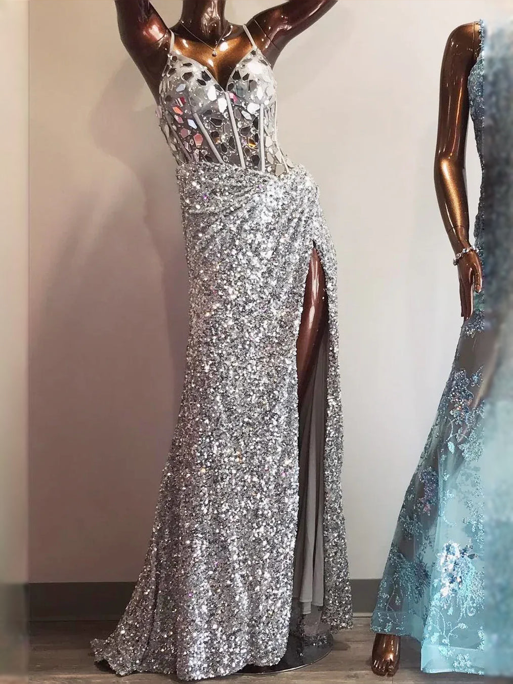 Silver maxi prom dress, alternate view showing the skirt and hem