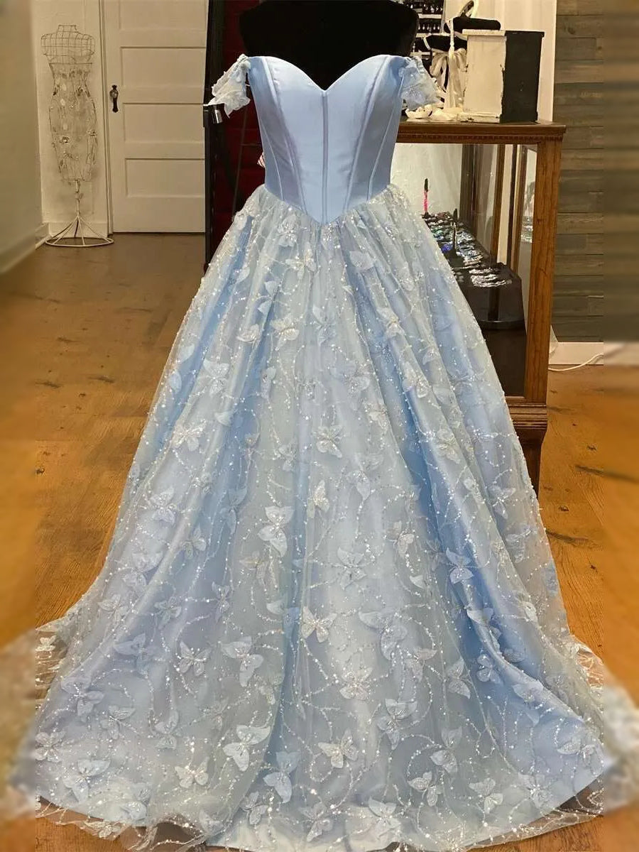 Sky Blue maxi prom dress, back view showing the rear of the dress with the dress shown closer