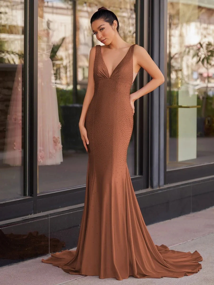 Brown maxi prom dress, back view showing the rear of the dress