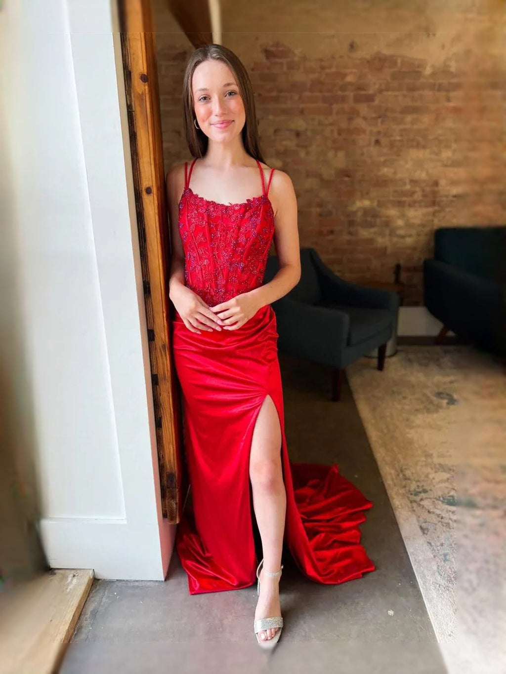 Red maxi prom dress, alternate view showing the full-length profile