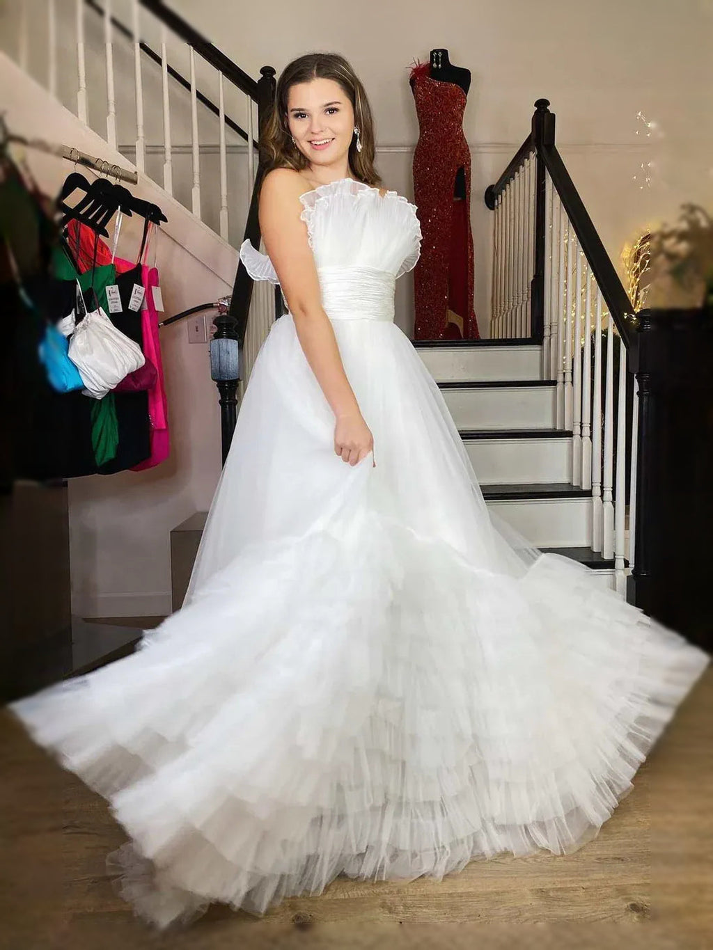 White maxi prom dress, alternate view showing the full-length silhouette