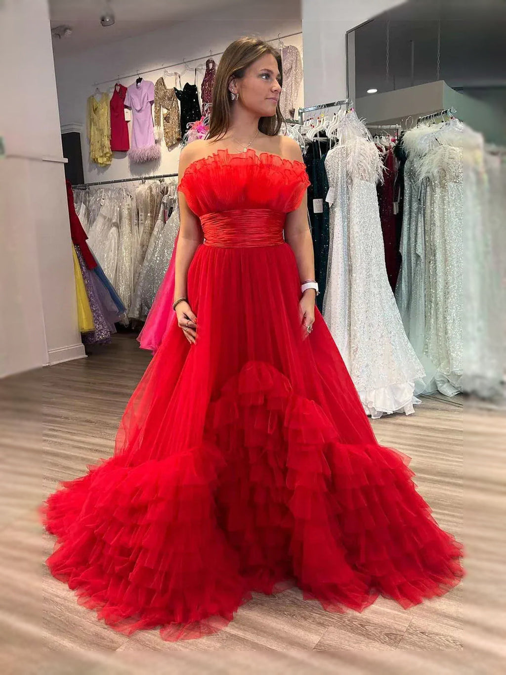 Red maxi prom dress, alternate view showing the bodice and skirt